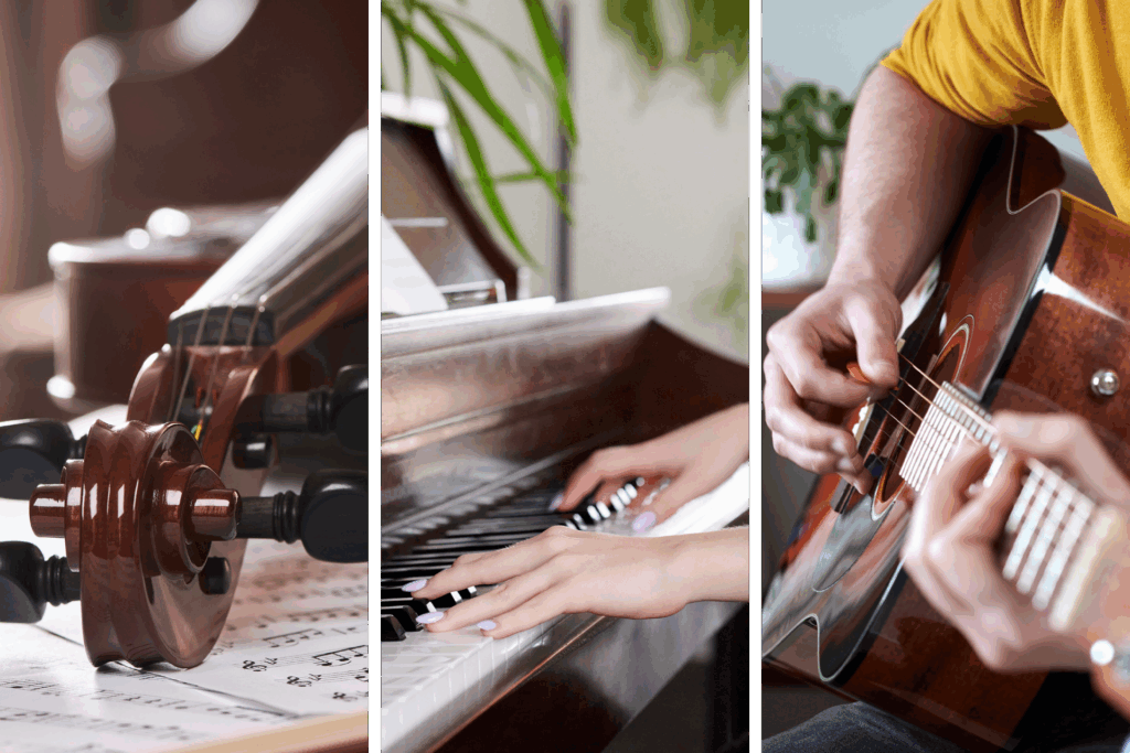 three images of instruments, a violin, piano and guitar, side by side